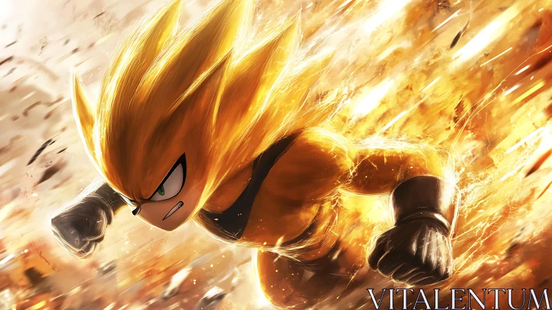 Blazing golden hero charges forward in a storm of light.