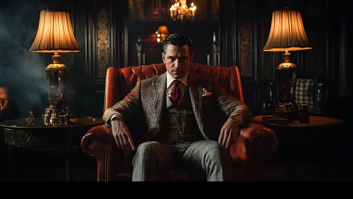 Elegant suited man in leather armchair under warm lamplight.