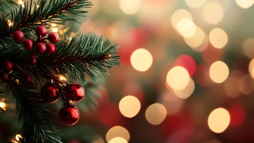 Red baubles and berries hang on fir branch against festive bokeh