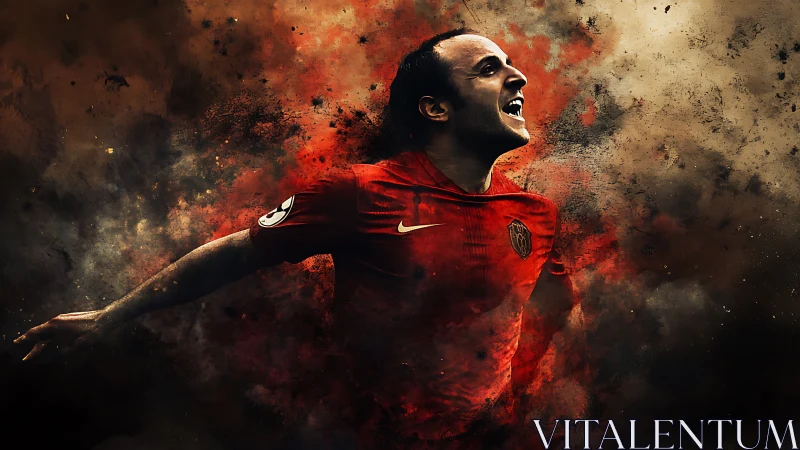 Digital composition shows footballer emerging from diffuse smoke
