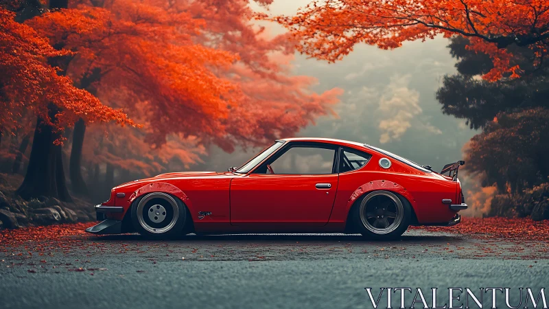 Vintage red coupe poised under blazing autumn maples.