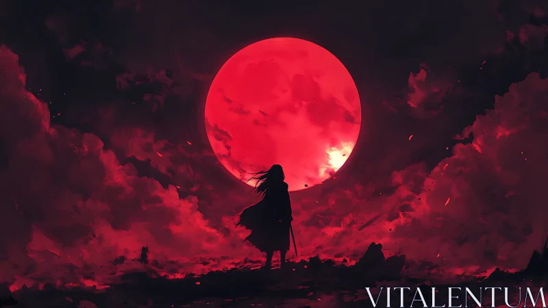 Silhouetted figure observes massive crimson moon amid turbulent clouds