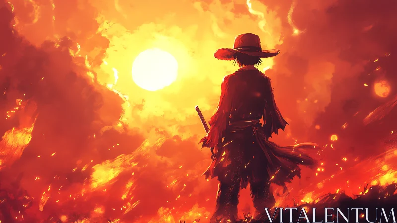 Solitary Wanderer Standing Tall in Fiery Desert Landscape.