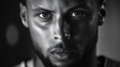 Monochrome close-up portrait with directional key light modeling facial form