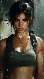 Battle-hardened explorer stands in rain, fierce and defiant.