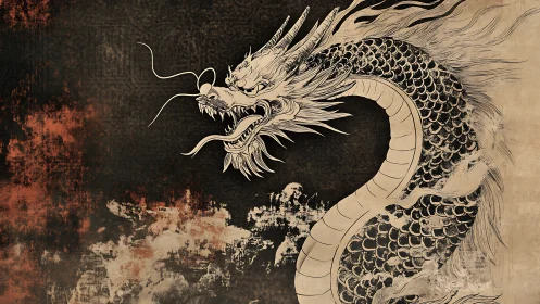 Ink dragon coils over distressed parchment field.