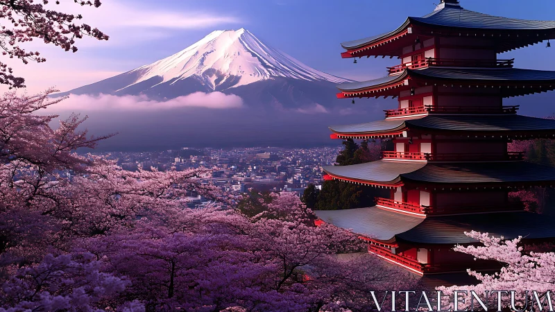 Mount Fuji and red pagoda framed by dense cherry blossoms.