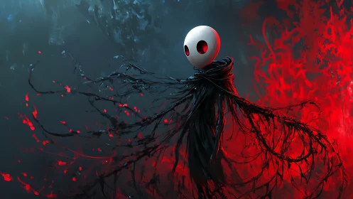 Spectral figure with white mask amid blue and red energy field