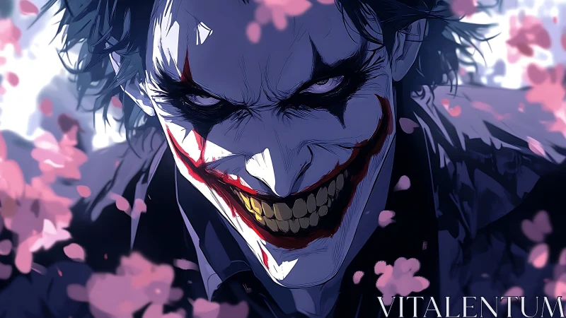 Sinister grinning clown in intense close-up portrait.