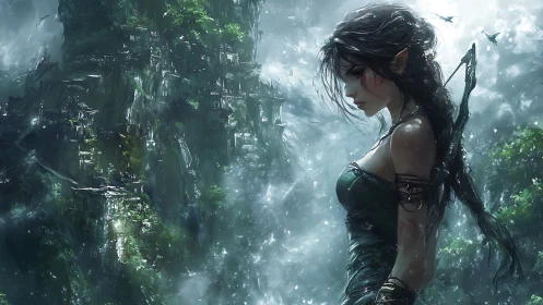 Forest archer pauses on misty cliffs of a hidden kingdom.