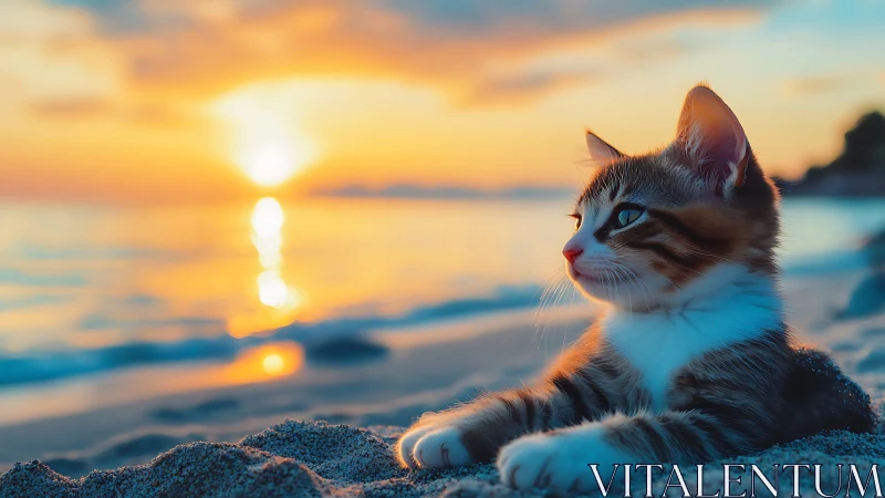 Coastal Dreamer: Tabby Cat Gazes Toward Golden Hour Horizons.