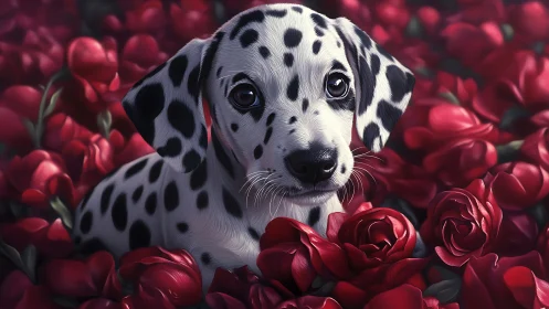 Dalmatian puppy immersed in saturated crimson floral field.