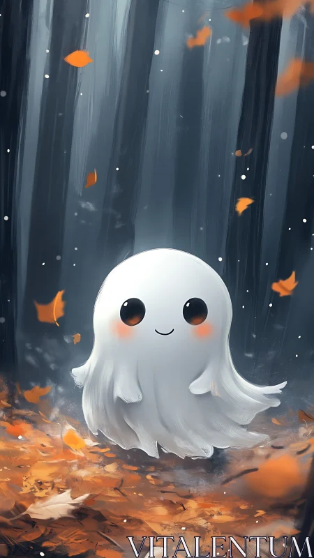Gentle ghost drifts through a cozy autumn forest path