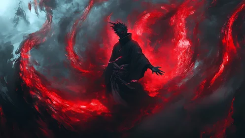 Silhouetted figure within swirling red and gray energy field.