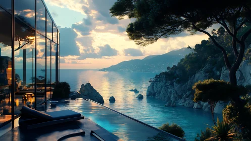 Modern glass villa terrace overlooking luminous coastal bay.
