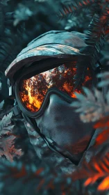 Camouflaged tactical operator with neon visor reflection in ferns
