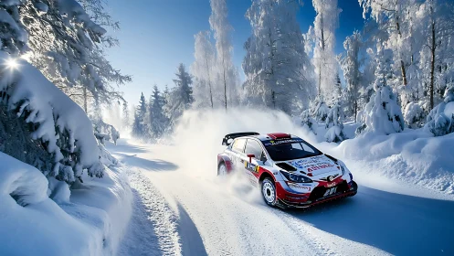 Rally car powers through sunlit snowy forest stage