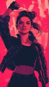 Defiant young woman raises her fist in bold neon light