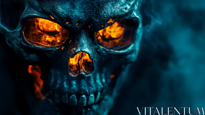 Molten-eyed skull grins while cold blue smoke recoils