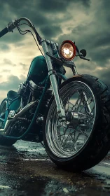 Low-angle custom chopper motorcycle under stormy sky.