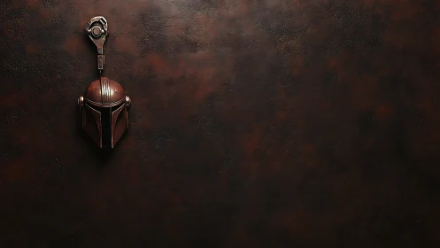Weathered sci‑fi helmet resting on a shadowy metal wall.