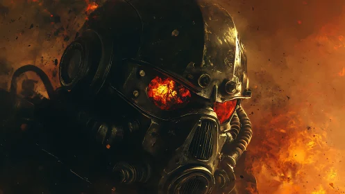 Armored sci fi soldier helmet amid intense firestorm.