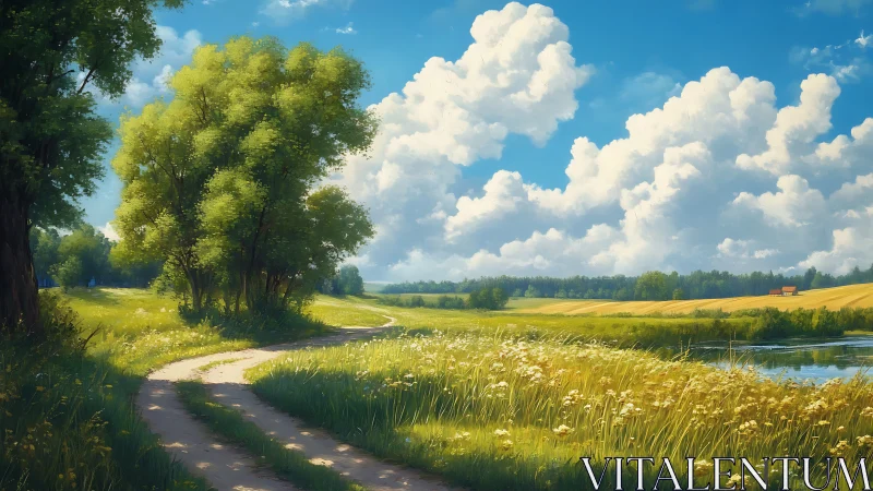 Digital painting of sunlit rural path and cloudbank landscape.
