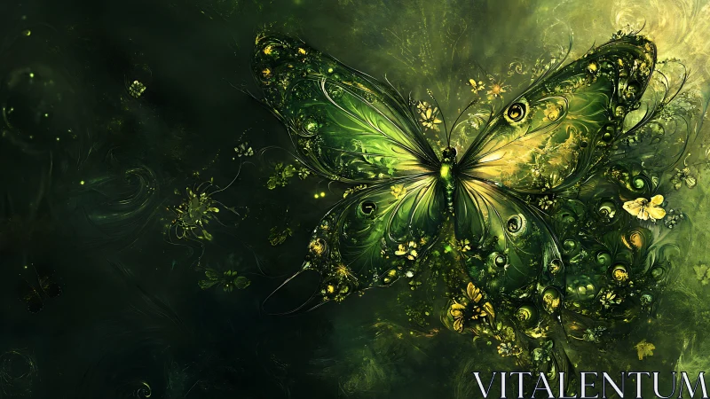Bioluminescent fractal butterfly spreads ornate emerald wings