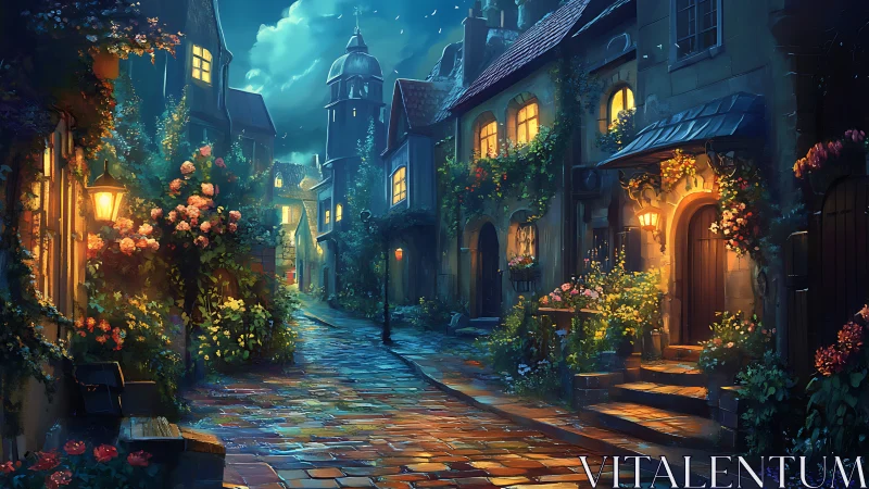 Night street scene shows illuminated houses and wet cobbles