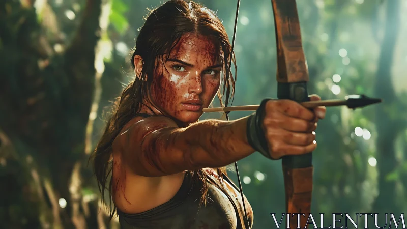 Battle-scarred archer aims bow in tense jungle close-up