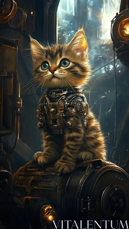Cyberpunk biomech kitten portrait in industrial cockpit.