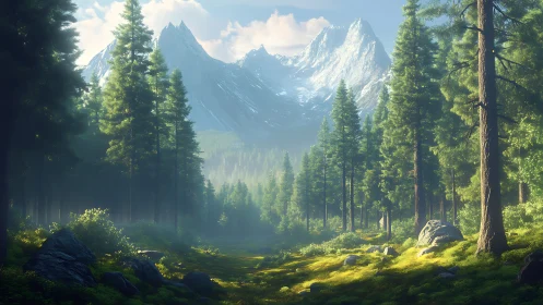 Mountain Valley with Coniferous Forest and Snow-Capped Peaks