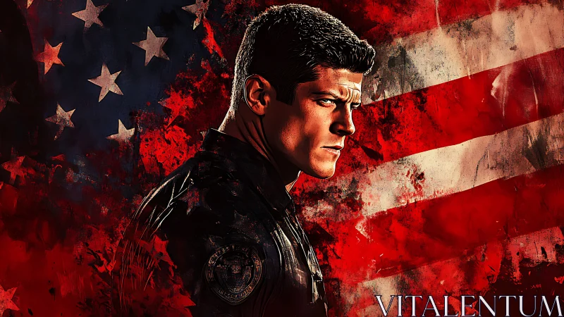 Brooding soldier stands before distressed American flag backdrop.