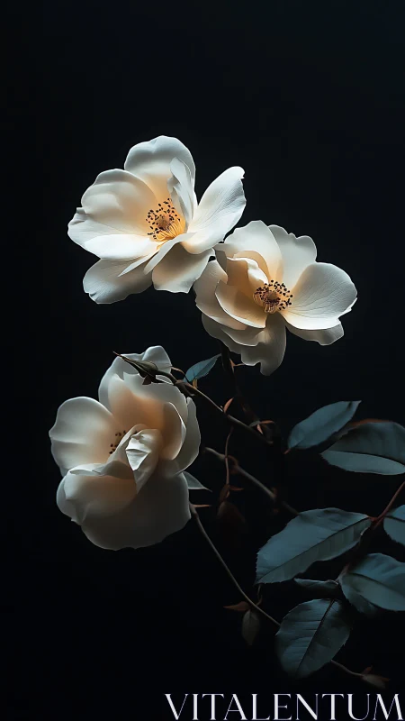 Three white roses with golden stamens displayed against dark background
