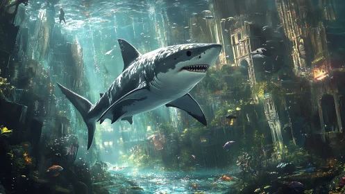 Shark glides through a luminous drowned city of ruins