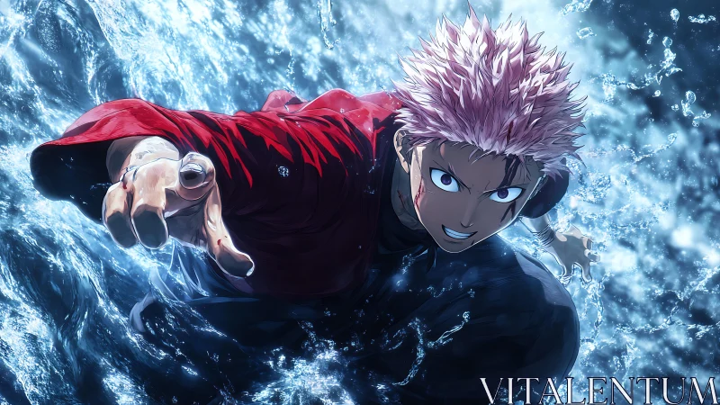 Fearless anime hero surges through crashing waves with resolve