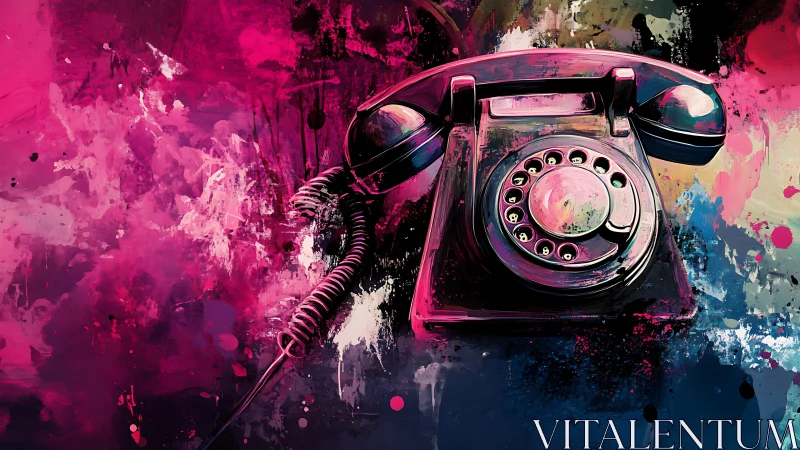 Retro rotary telephone in neon splatter abstraction.