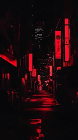 Red neon alleyway frames distant skyscraper at night