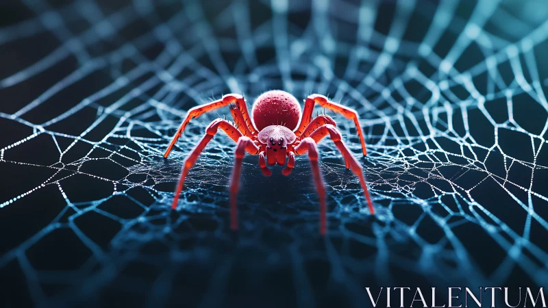 Neon red spider on dewy radial web in shallow focus field.