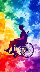 Silhouette wheelchair user on prismatic multicolor abstract field.