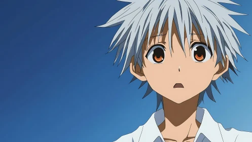 White haired anime boy under clear blue sky in close-up portrait