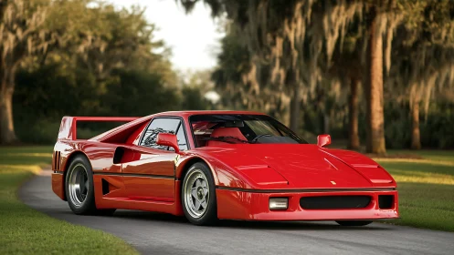 Red mid‑engine sports car parked on curved driveway outdoors