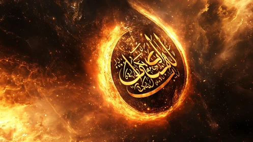 Golden Arabic calligraphy glows like a cosmic flame of light