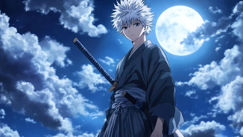 White haired swordsman under full moon in cloudy night sky.