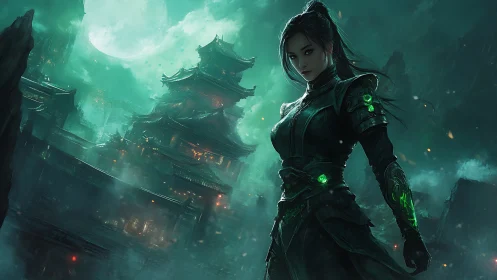 Moonlit warrior stands guard over a misty jade palace
