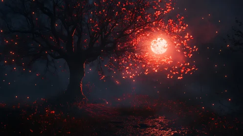Moonlit crimson tree glows softly in a dreamlike forest