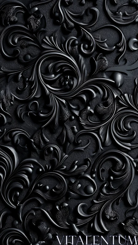 Ornate black baroque scrollwork forms a dramatic sculpted surface