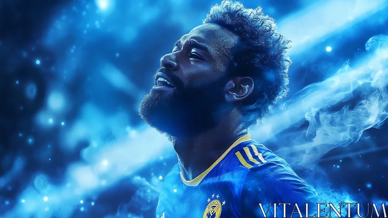 Starlit striker ascends through electric blue match haze.