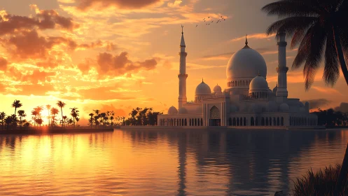 Sunlit mosque dominates lakeside skyline at vivid sunset