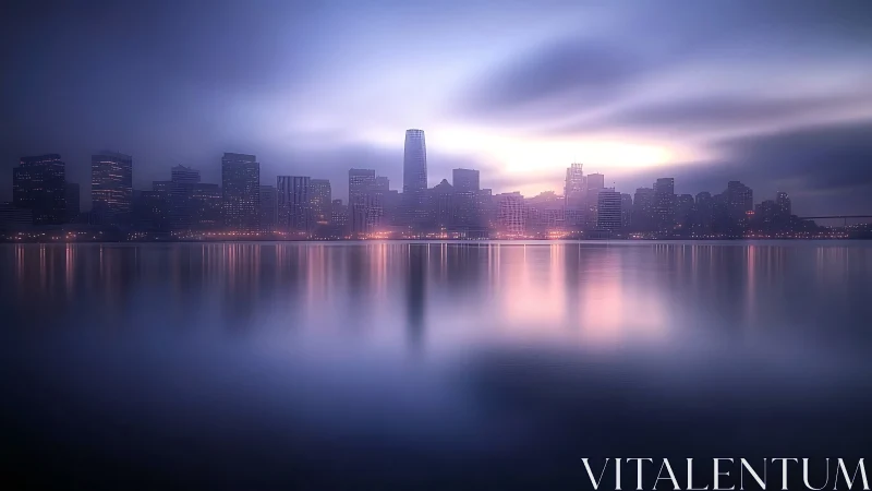 Urban waterfront skyline with soft reflections at dusk.